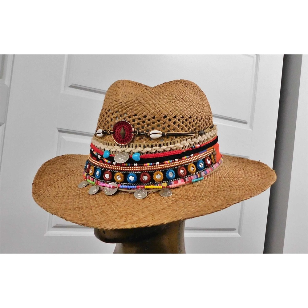 Khaza Natural 100% Straw Beaded Cowboy Hat‎ sz 6 58cm